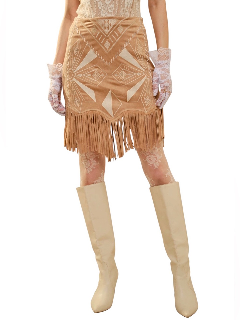 Blue b Lite Brown Taupe Embroidered Geometric Aztec Faux Suede Fringe Mini Skirt